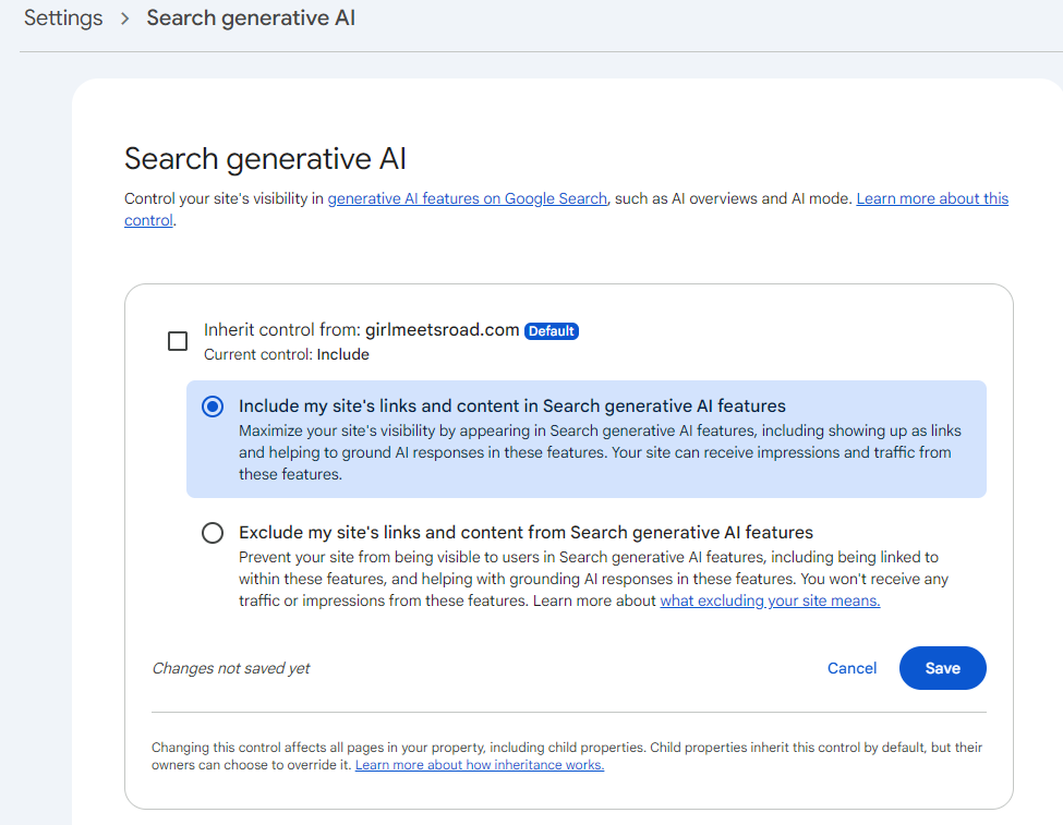 Search Console settings: the Search generative AI control with Include and Exclude options