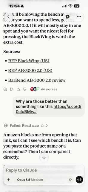 Claude on a phone: asked about a product link, it replies that Amazon blocks it from opening the page