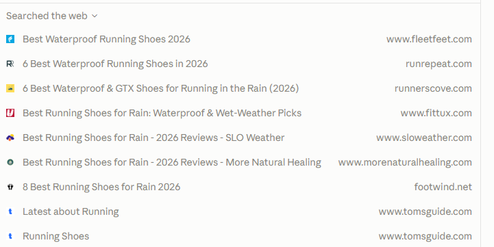 Claude's Searched the web list: results for waterproof running shoes from running retailers and review sites
