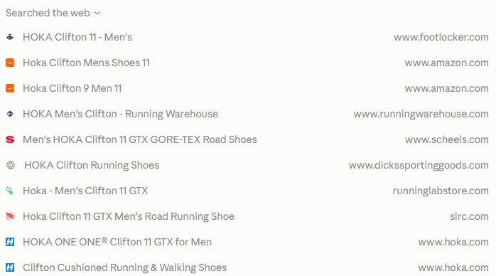 Claude's Searched the web list: results for specific HOKA Clifton shoes from retailers including Amazon